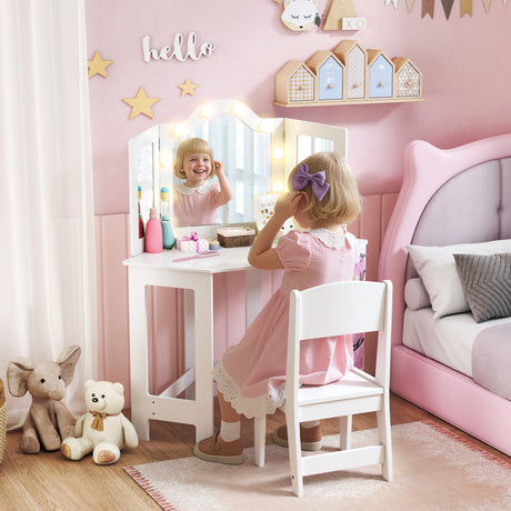 Wooden Kids Dressing Table Set 93.6cm Wide With LED Lights - Velmora