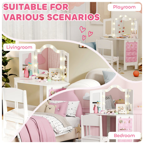 Wooden Kids Dressing Table Set 93.6cm Wide With LED Lights - Velmora