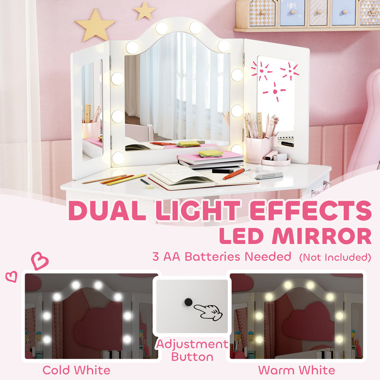 Wooden Kids Dressing Table Set 93.6cm Wide With LED Lights - Velmora