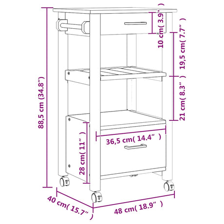 Wooden Kitchen Trolley 48cm Wide With 2 Drawers - Monza