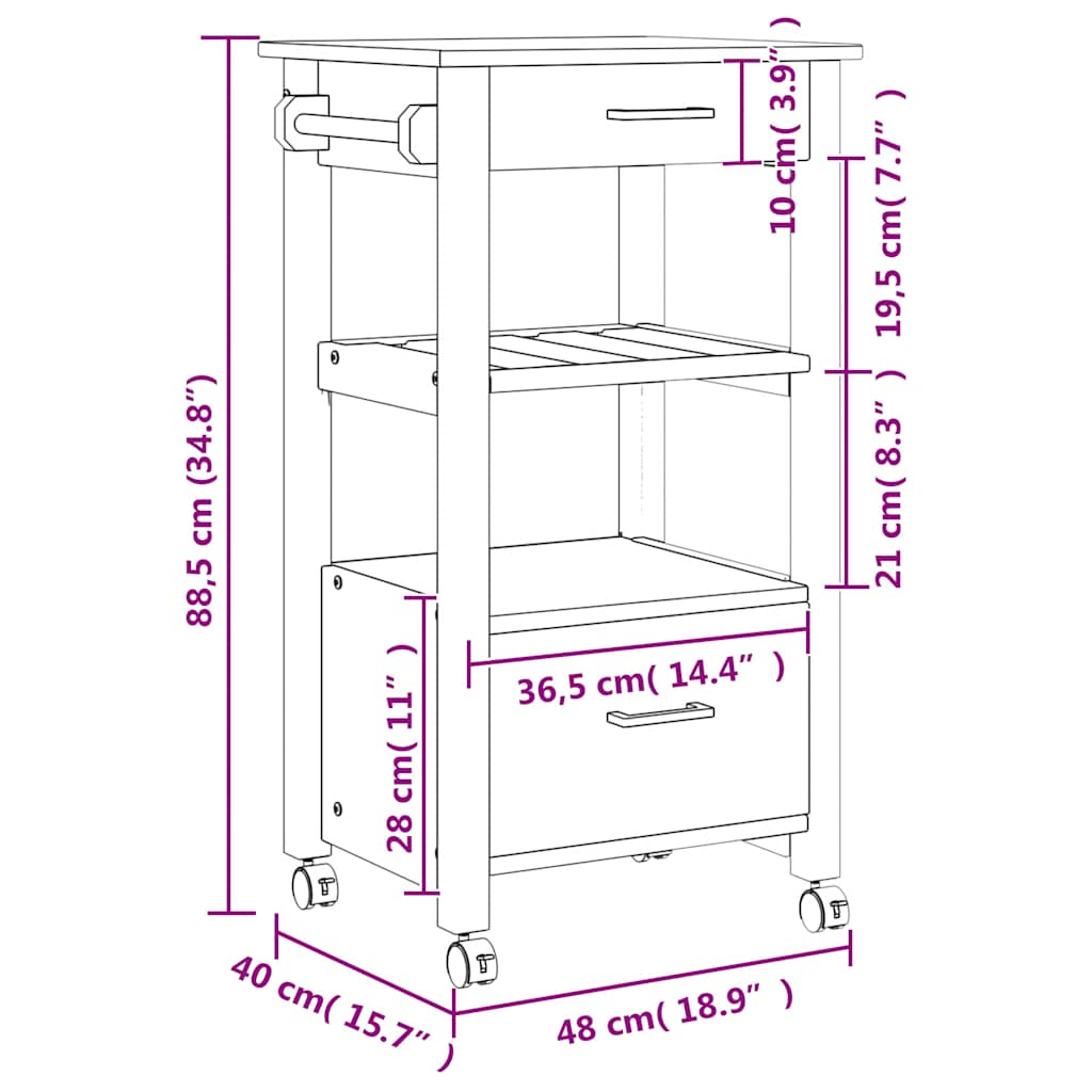 Wooden Kitchen Trolley 48cm Wide With 2 Drawers - Monza