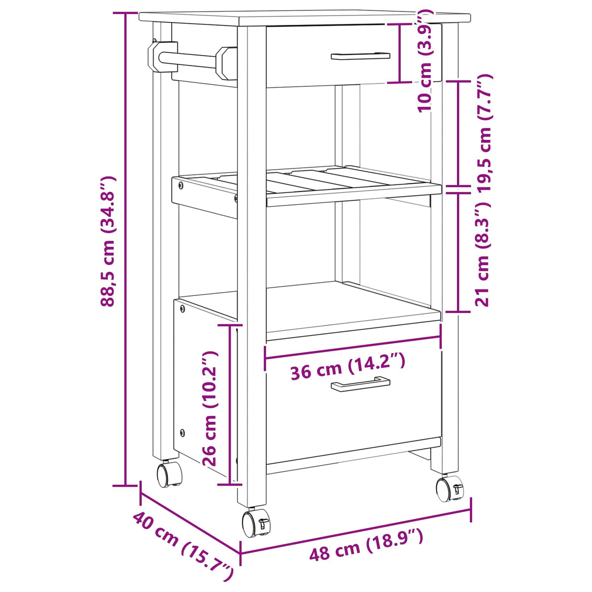 Wooden Kitchen Trolley 48cm Wide With 2 Drawers - Monza