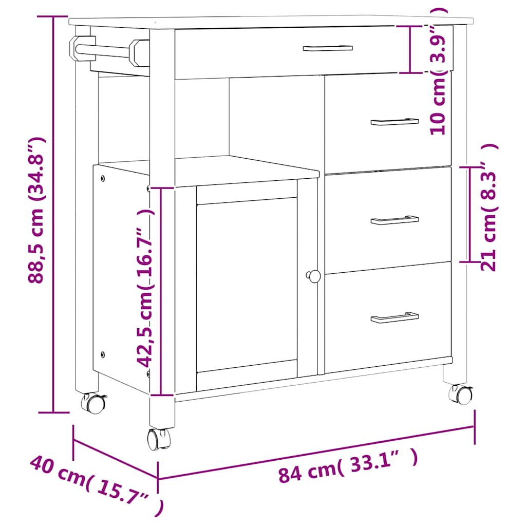 Wooden Kitchen Trolley 84cm Wide With 1 Door And 4 Drawers - Monza