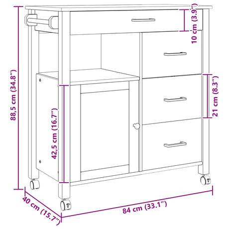 Wooden Kitchen Trolley 84cm Wide With 1 Door And 4 Drawers - Monza