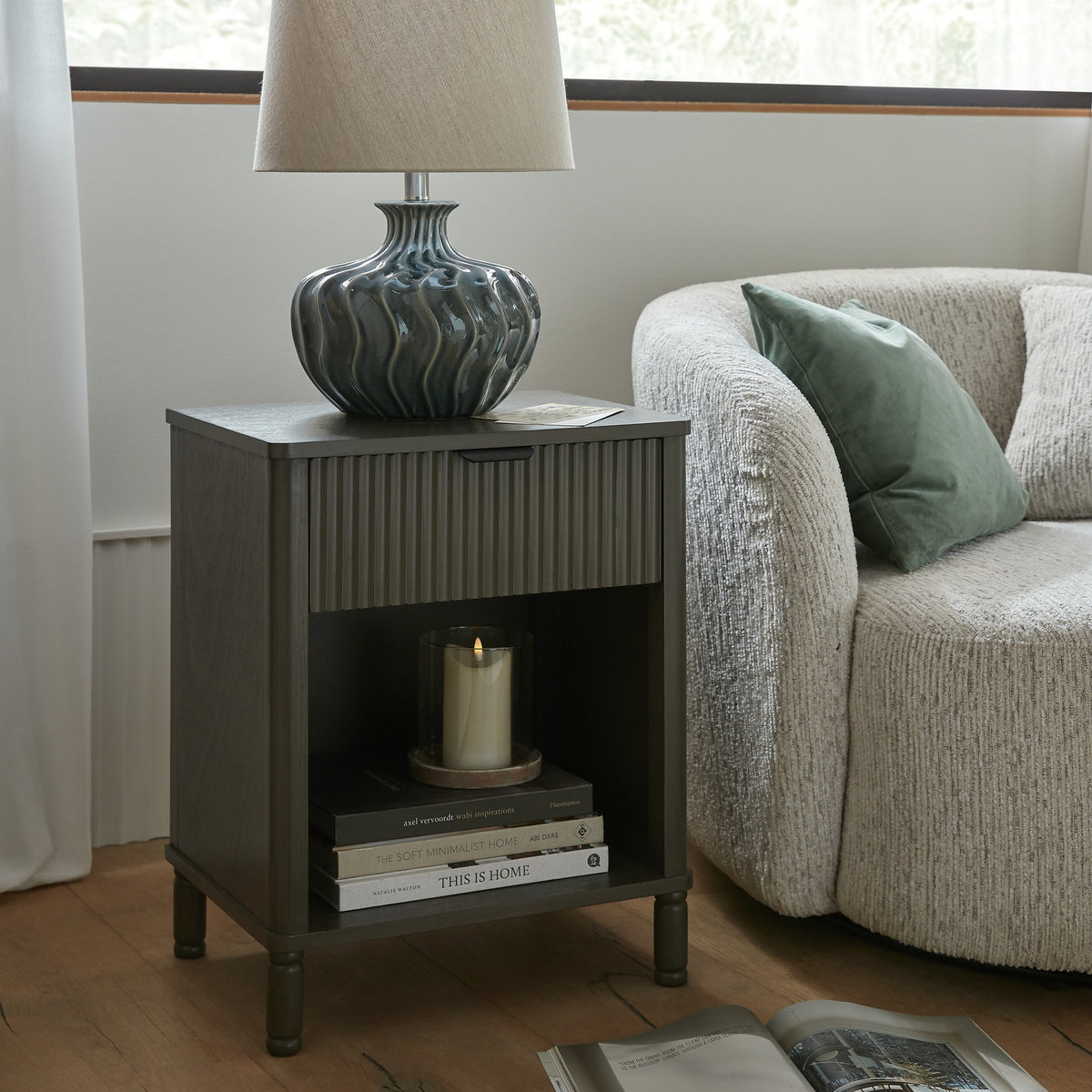 Wooden Lamp Table 45cm Wide With 1 Drawer - Reed