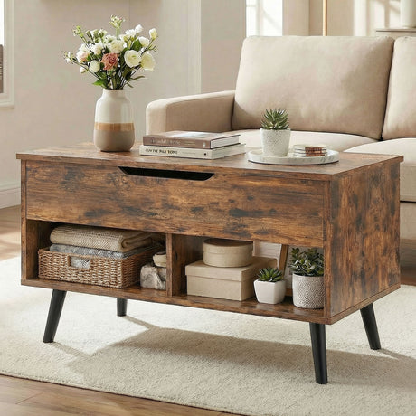 Wooden Lift-Top Coffee Table Rectangular With Hidden Storage - Velmora