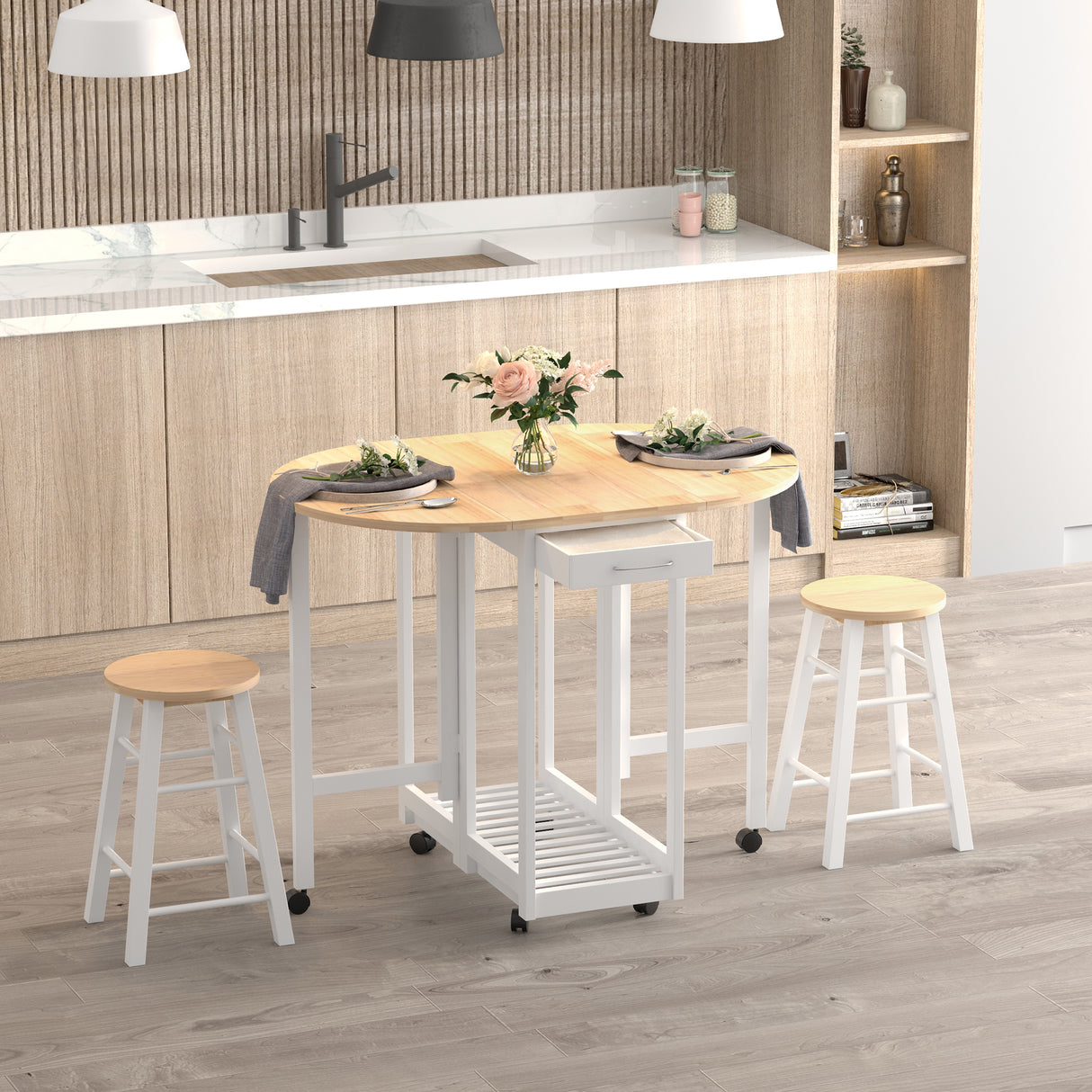 Wooden Mobile Foldable Drop Leaf Dining Table With 2 Stools - Velmora