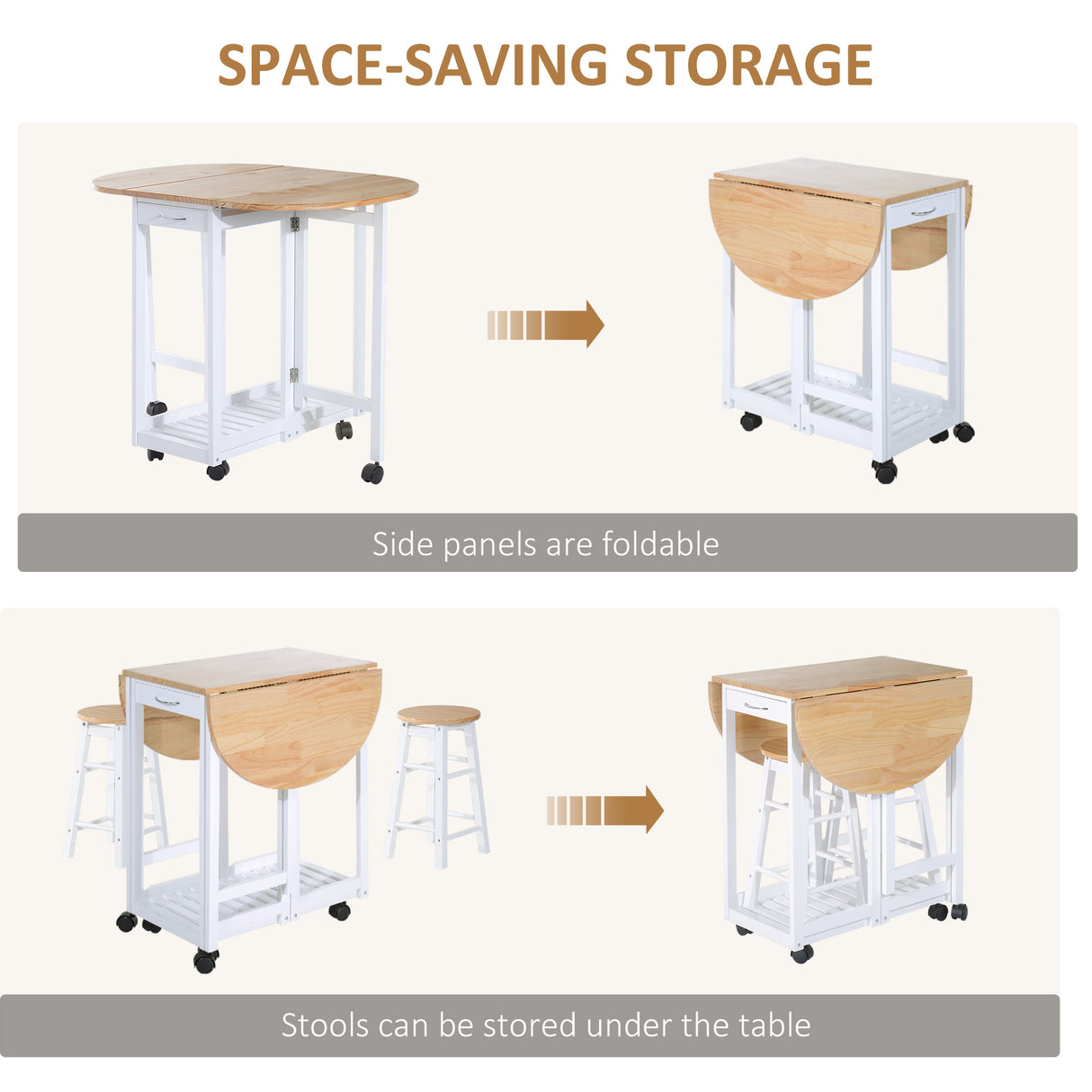 Wooden Mobile Foldable Drop Leaf Dining Table With 2 Stools - Velmora