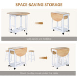Wooden Mobile Foldable Drop Leaf Dining Table With 2 Stools - Velmora