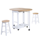Wooden Mobile Foldable Drop Leaf Dining Table With 2 Stools - Velmora
