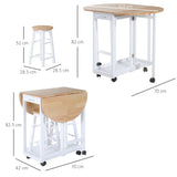 Wooden Mobile Foldable Drop Leaf Dining Table With 2 Stools - Velmora