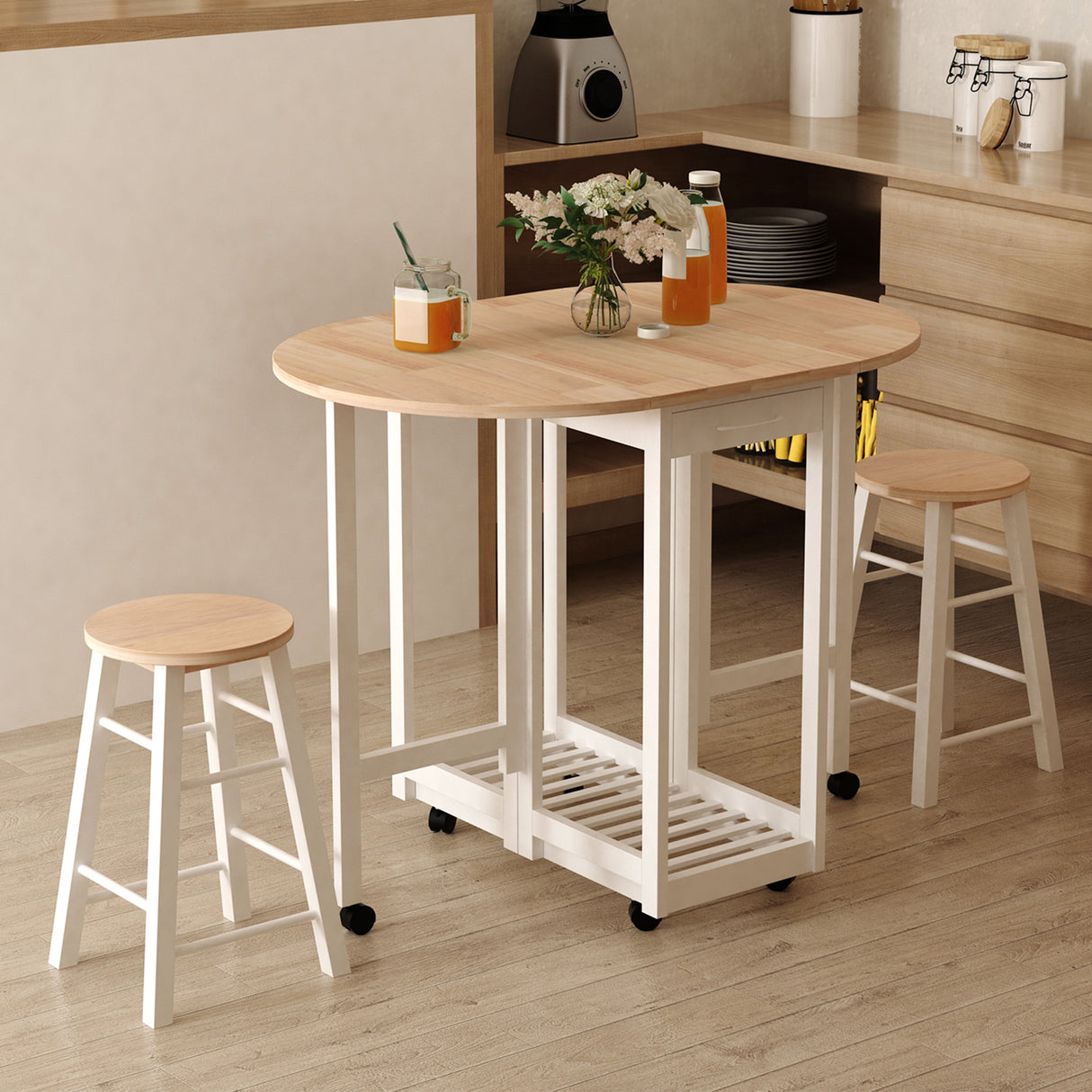 Wooden Mobile Foldable Drop Leaf Dining Table With 2 Stools - Velmora