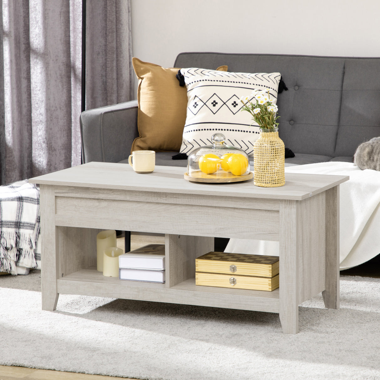 Wooden Modern Lift-up Coffee Table Rectangular With Shelves - Velmora