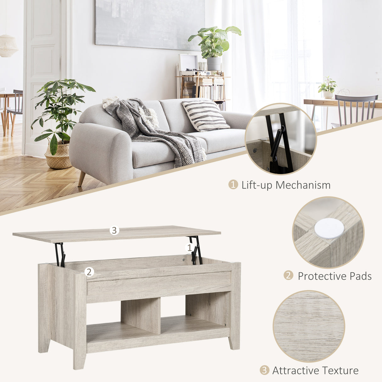 Wooden Modern Lift-up Coffee Table Rectangular With Shelves - Velmora