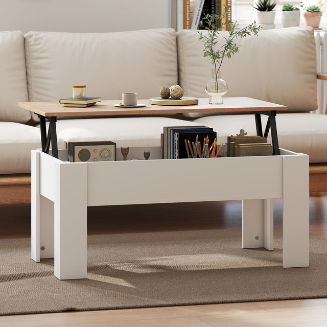 Wooden Lift-Up Coffee Table Rectangular with Hidden Storage - Velmora ...