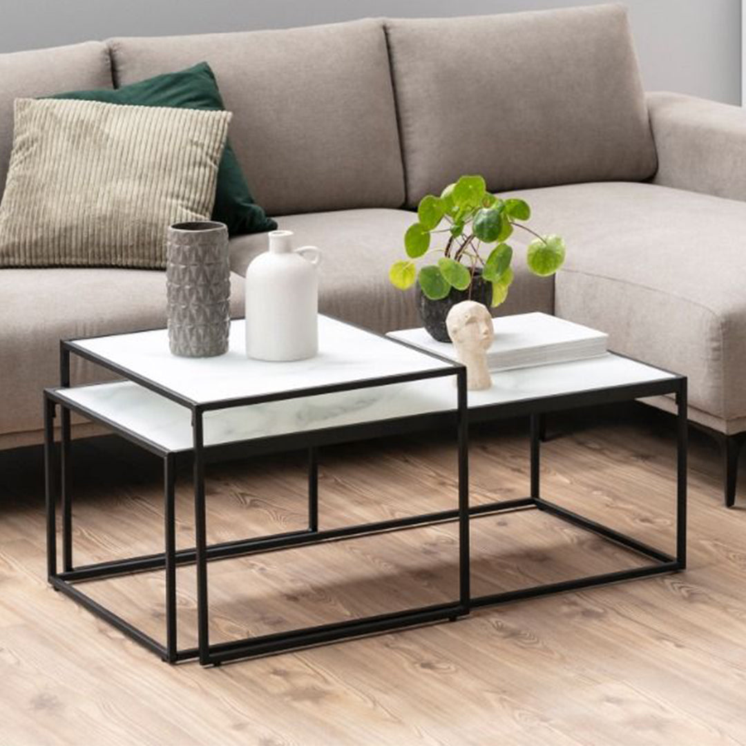 Wooden Nest of 2 Coffee Tables in Marble Effect Rectangular - Bolton