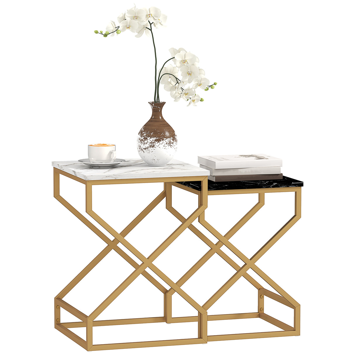 Wooden Nest Of 2 Tables 40cm Wide With Gold Steel Frame - Velmora