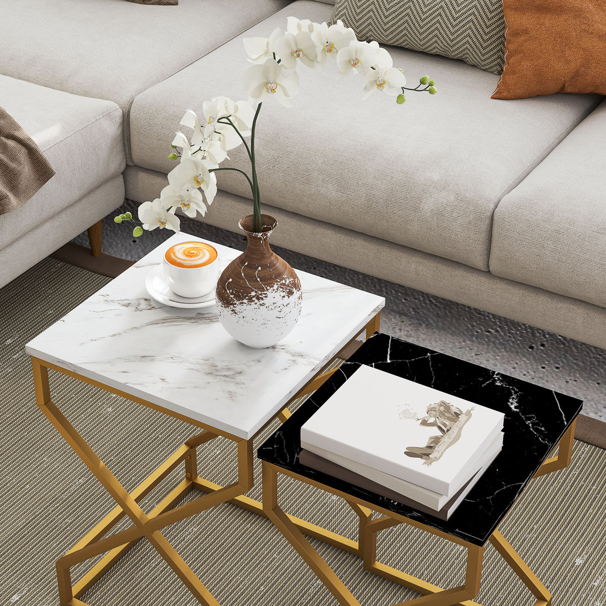 Wooden Nest Of 2 Tables 40cm Wide With Gold Steel Frame - Velmora