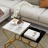 Wooden Nest Of 2 Tables 40cm Wide With Gold Steel Frame - Velmora