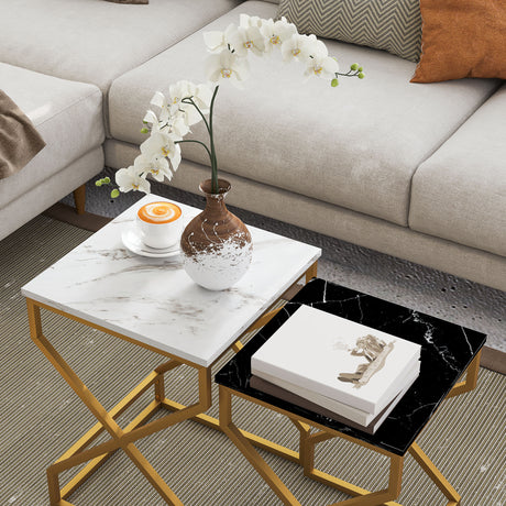 Wooden Nest Of 2 Tables 40cm Wide With Gold Steel Frame - Velmora