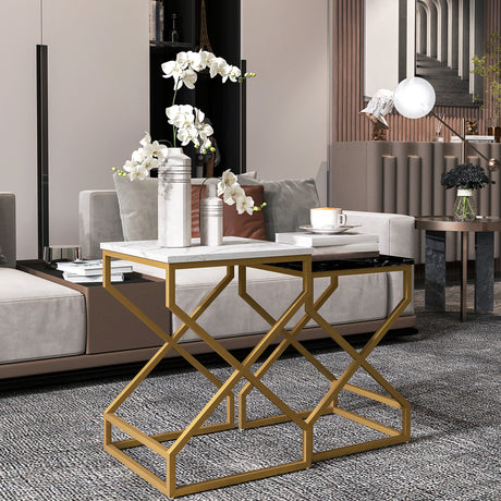 Wooden Nest Of 2 Tables 40cm Wide With Gold Steel Frame - Velmora