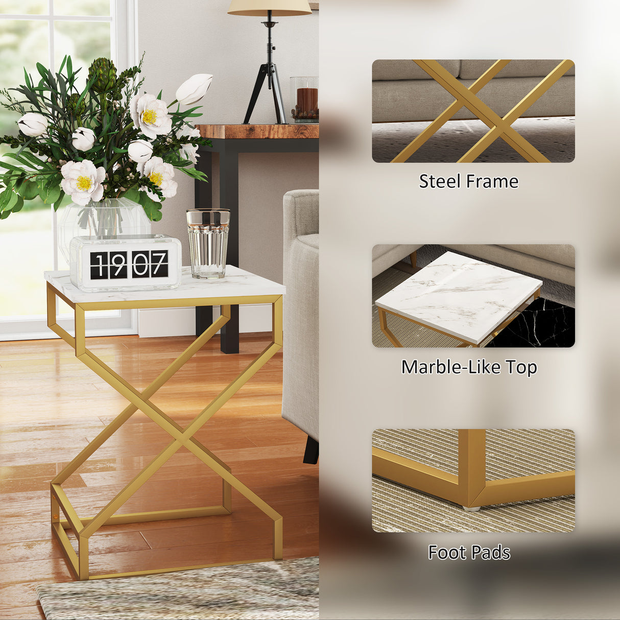 Wooden Nest Of 2 Tables 40cm Wide With Gold Steel Frame - Velmora