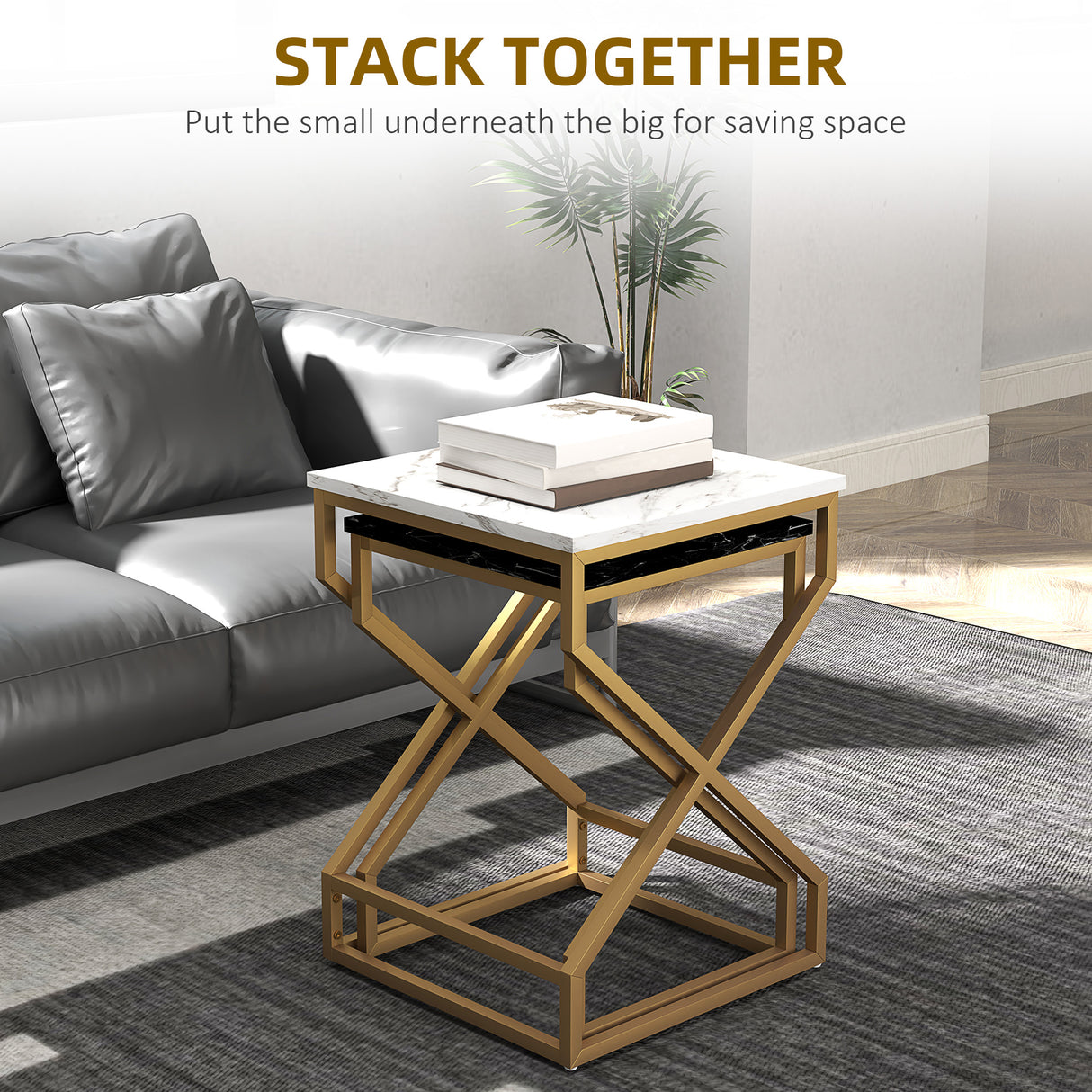 Wooden Nest Of 2 Tables 40cm Wide With Gold Steel Frame - Velmora