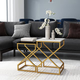 Wooden Nest Of 2 Tables 40cm Wide With Gold Steel Frame - Velmora