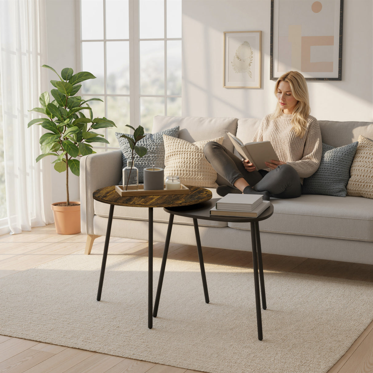 Wooden Nest Of 2 Tables 45cm Wide With Metal Legs - Velmora
