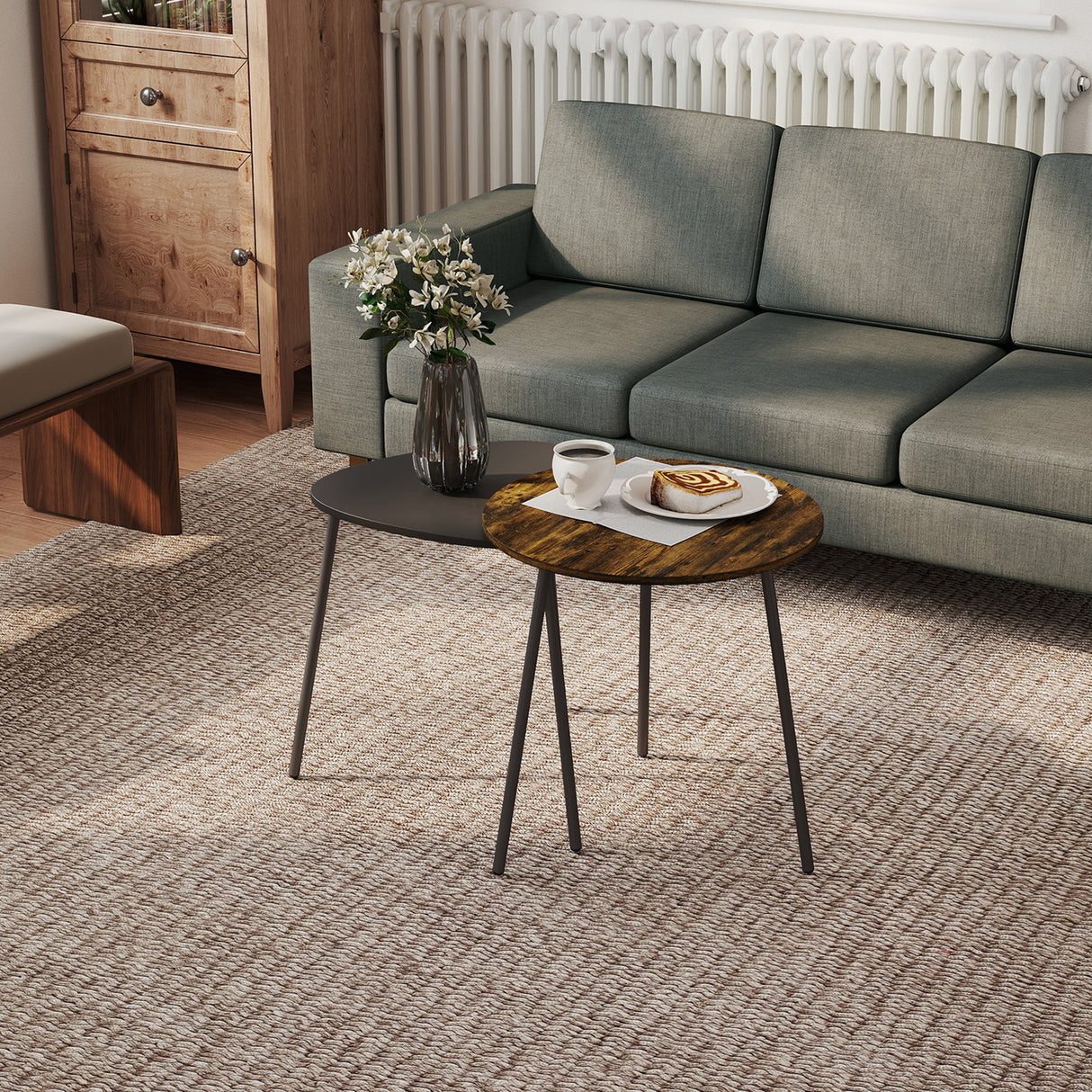 Wooden Nest Of 2 Tables 45cm Wide With Metal Legs - Velmora