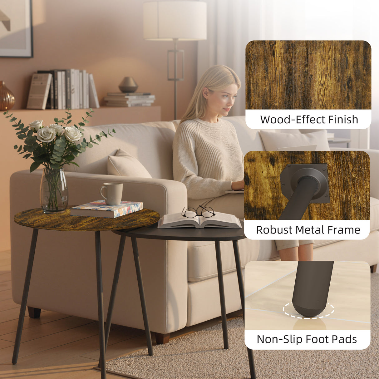Wooden Nest Of 2 Tables 45cm Wide With Metal Legs - Velmora