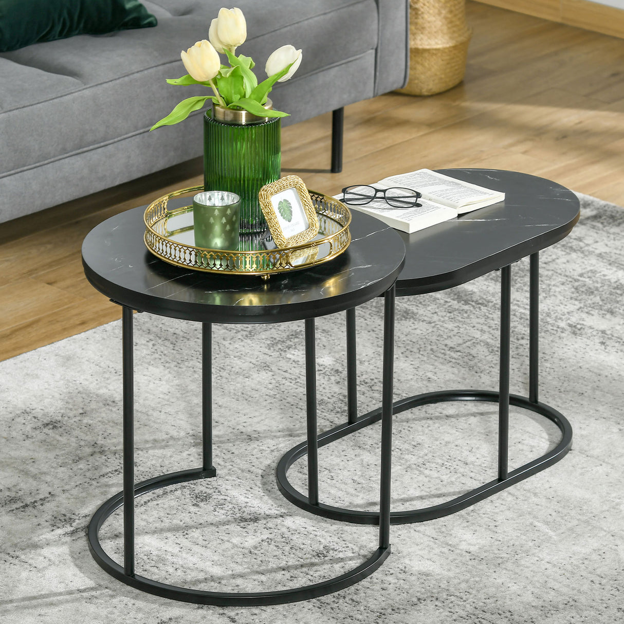 Wooden Nest of 2 Tables in Marble Effect - Velmora