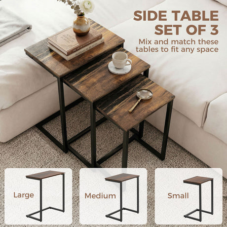 Wooden Nest Of 3 Tables 45cm Wide With Steel Frame - Velmora