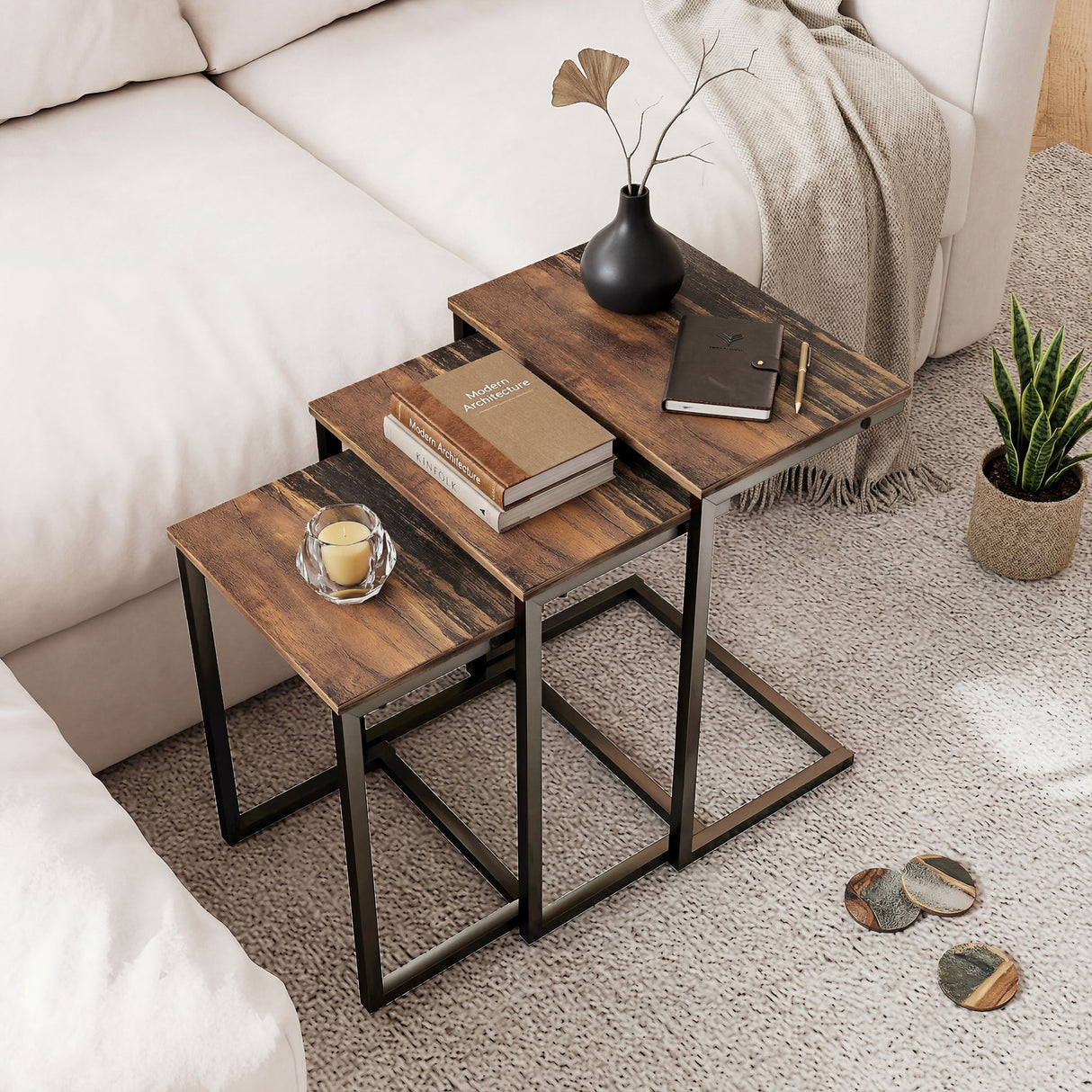 Wooden Nest Of 3 Tables 45cm Wide With Steel Frame - Velmora