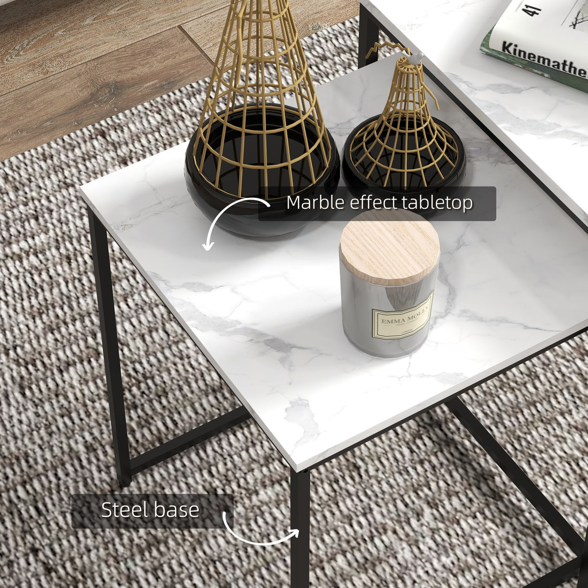 Wooden Nest of 3 Tables Square in Marble Effect - Velmora