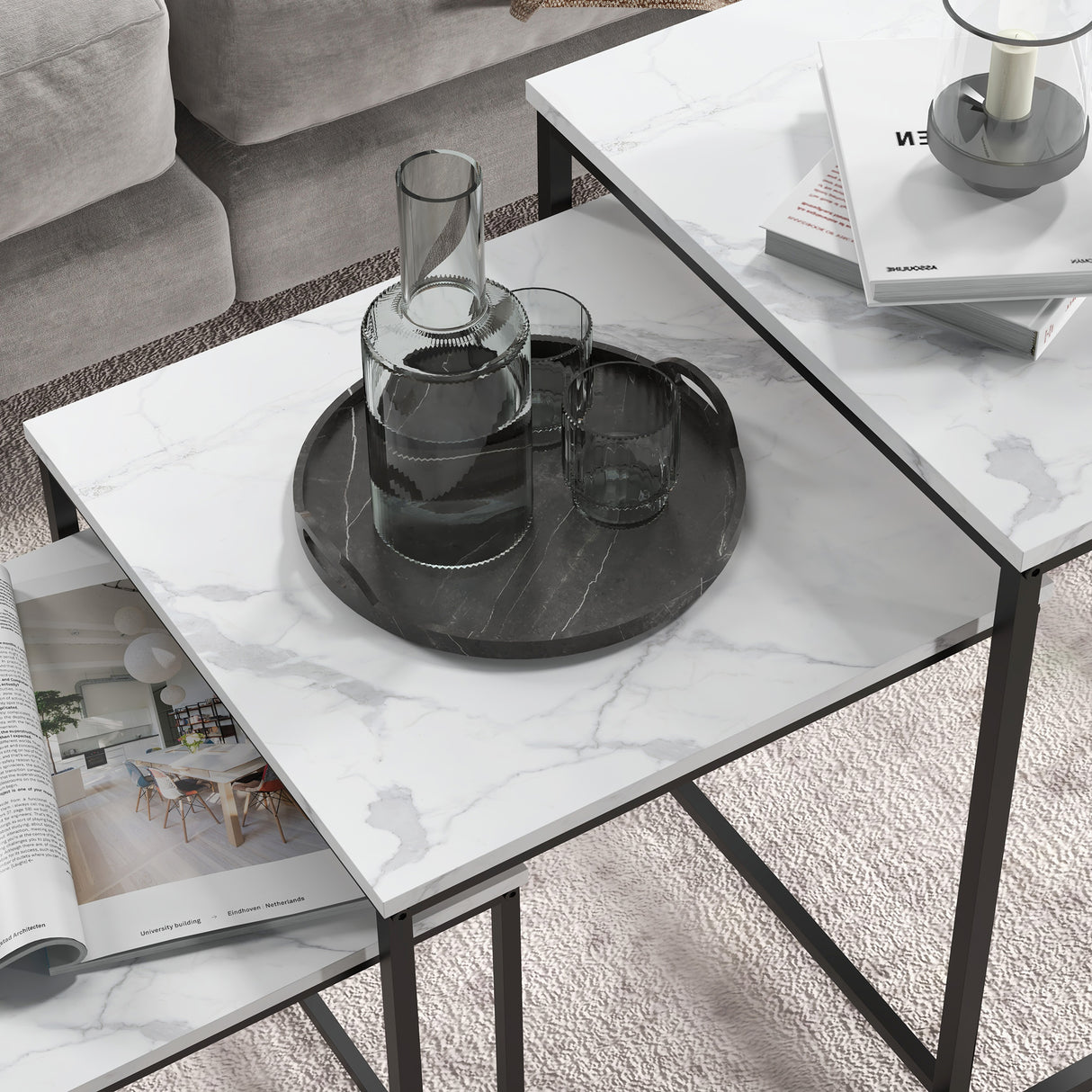 Wooden Nest of 3 Tables Square in Marble Effect - Velmora