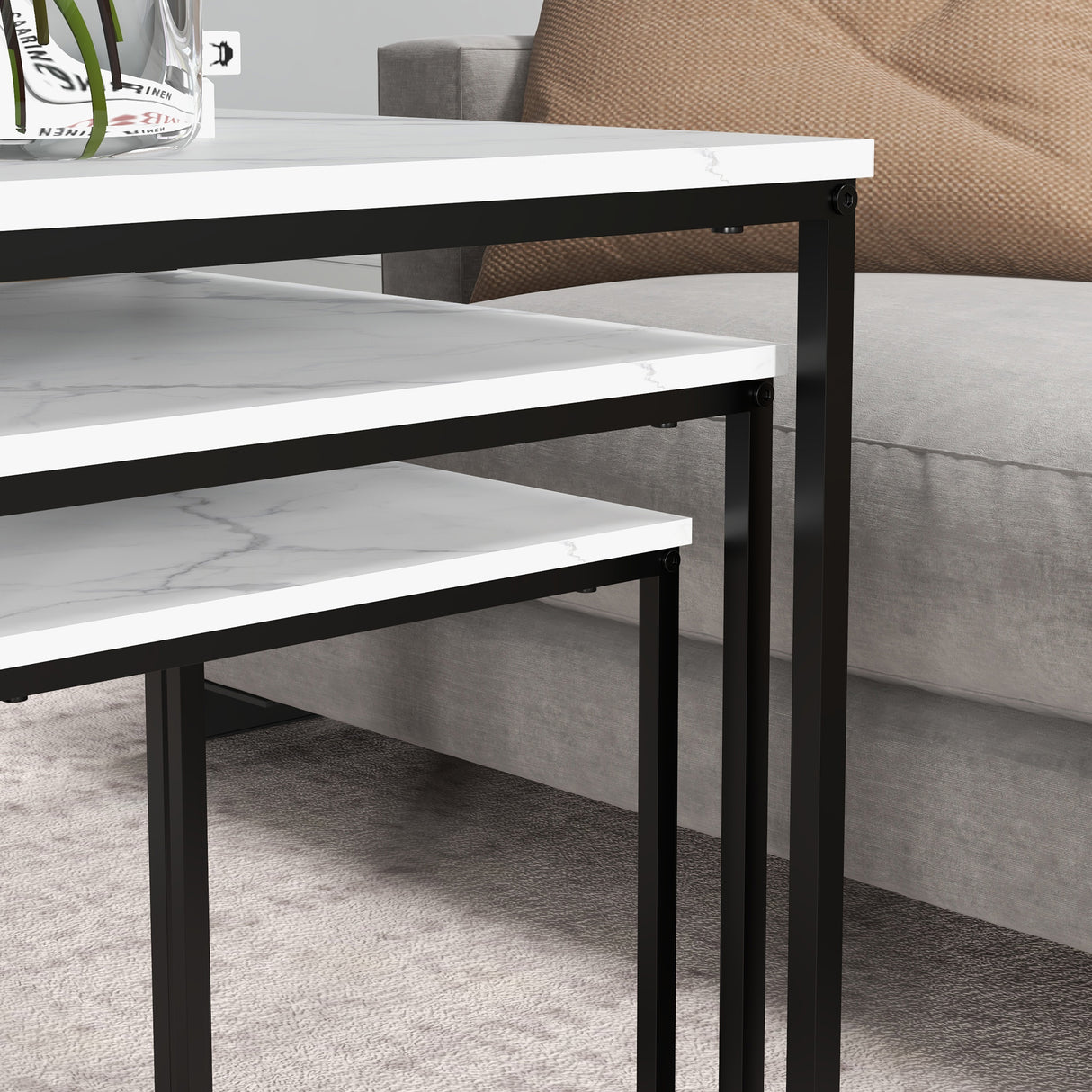 Wooden Nest of 3 Tables Square in Marble Effect - Velmora