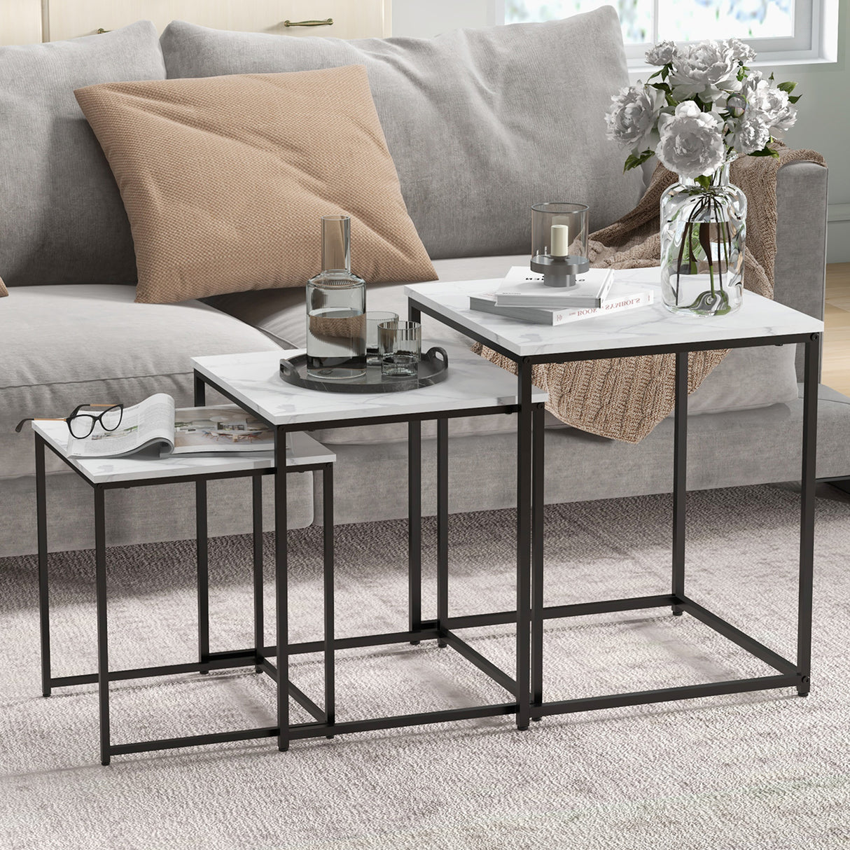 Wooden Nest of 3 Tables Square in Marble Effect - Velmora