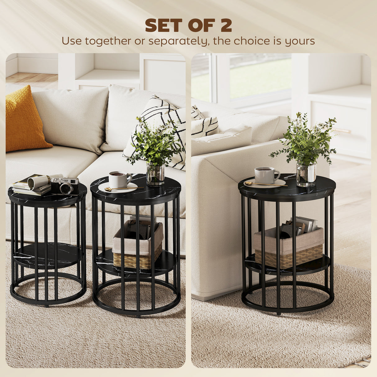 Wooden Nesting Coffee Tables Round in Set of 2 With Under Shelf - Velmora