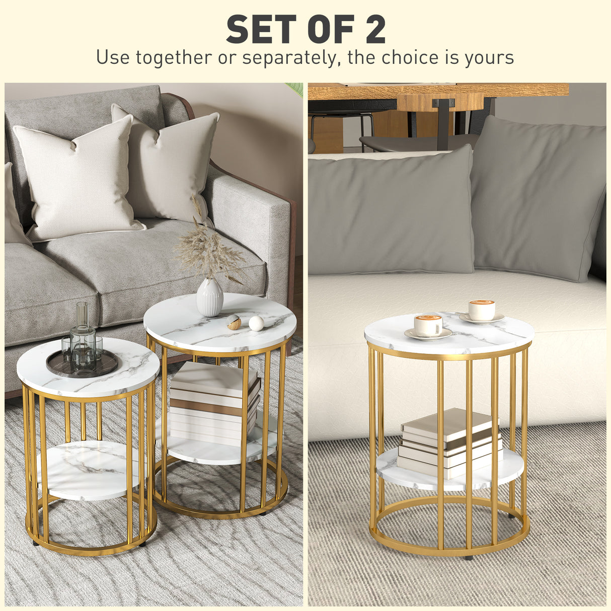 Wooden Nesting Coffee Tables Round in Set of 2 With Under Shelf - Velmora