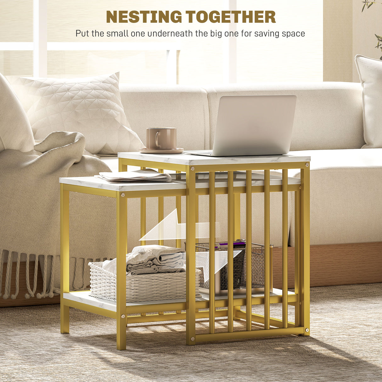 Wooden Nesting Coffee Tables in Set of 2 in Marble Effect - Velmora