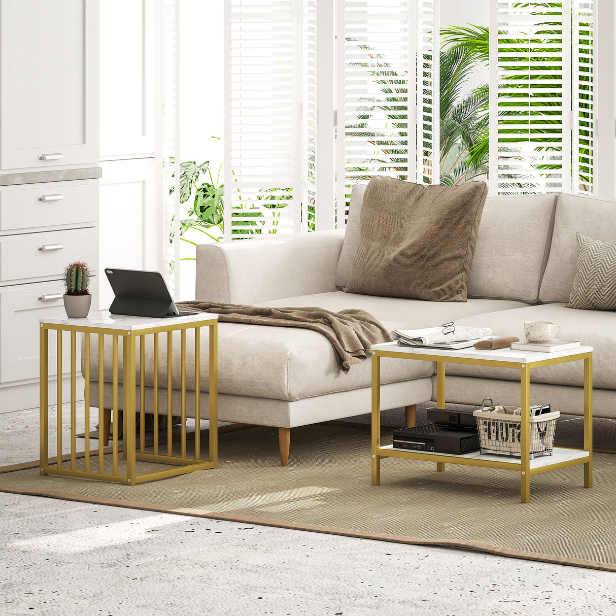 Wooden Nesting Coffee Tables in Set of 2 in Marble Effect - Velmora