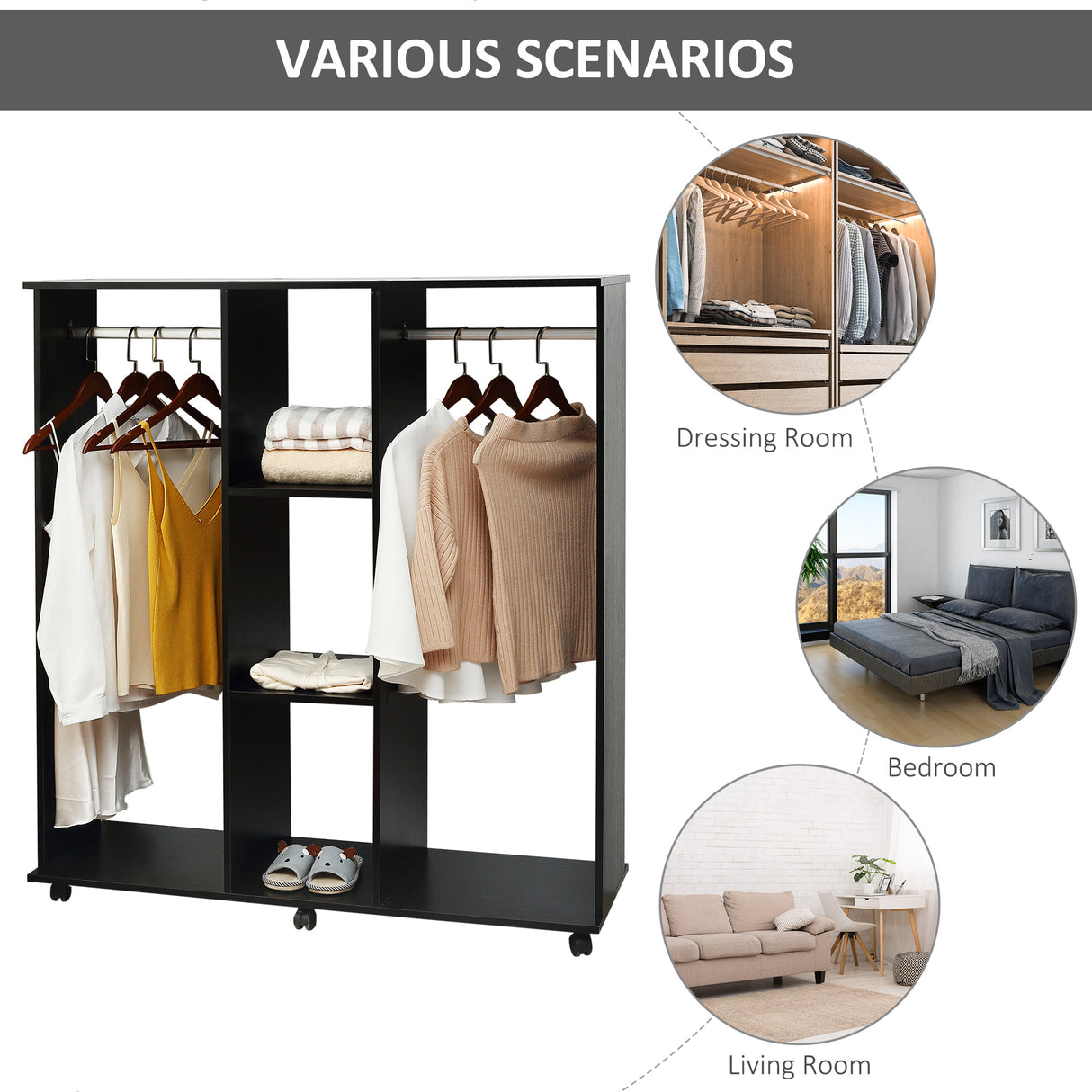 Wooden Open Wardrobe 120cm Wide With 6 Wheels - Velmora