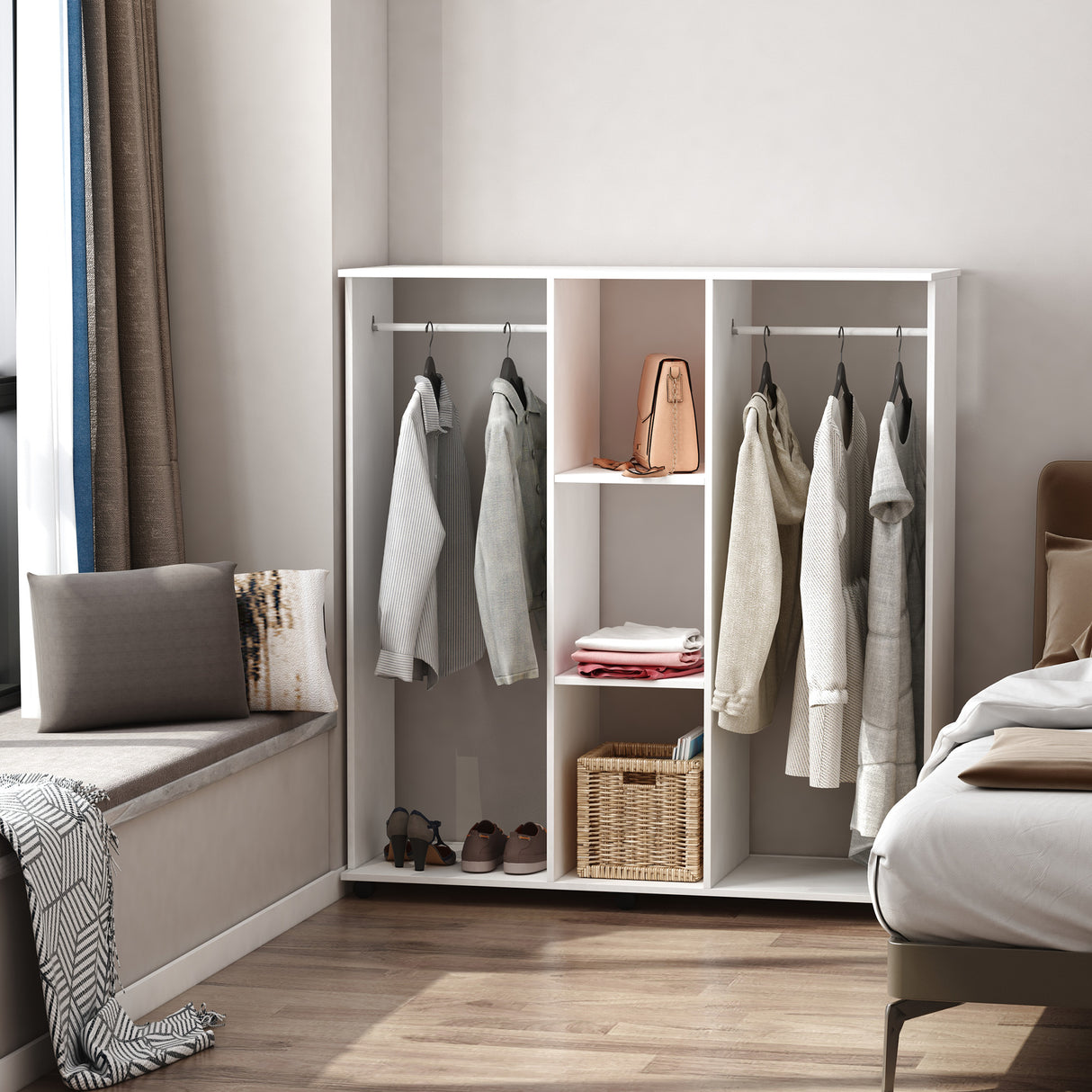 Wooden Open Wardrobe 120cm Wide With 6 Wheels - Velmora