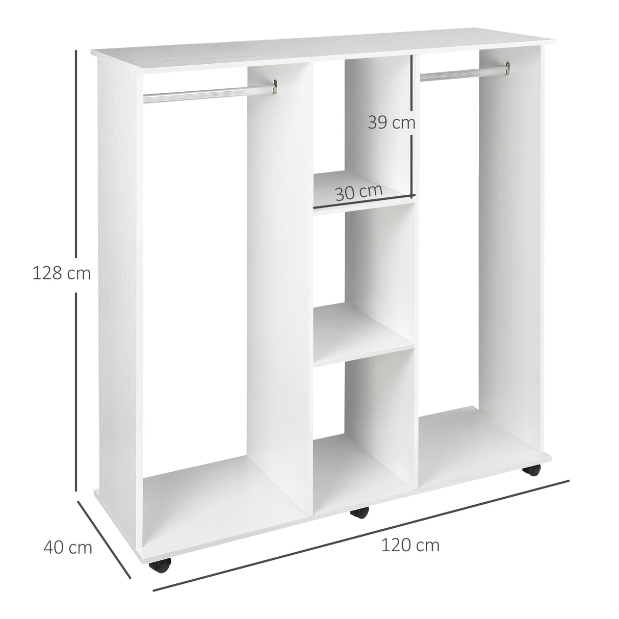 Wooden Open Wardrobe 120cm Wide With 6 Wheels - Velmora