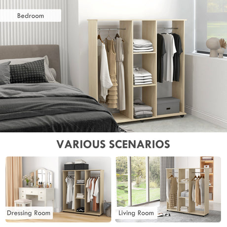 Wooden Open Wardrobe 120cm Wide With 6 Wheels - Velmora