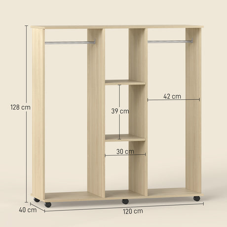 Wooden Open Wardrobe 120cm Wide With 6 Wheels - Velmora