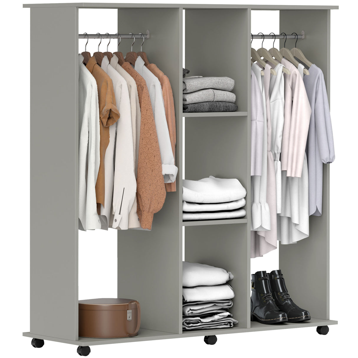 Wooden Open Wardrobe 120cm Wide With 6 Wheels - Velmora