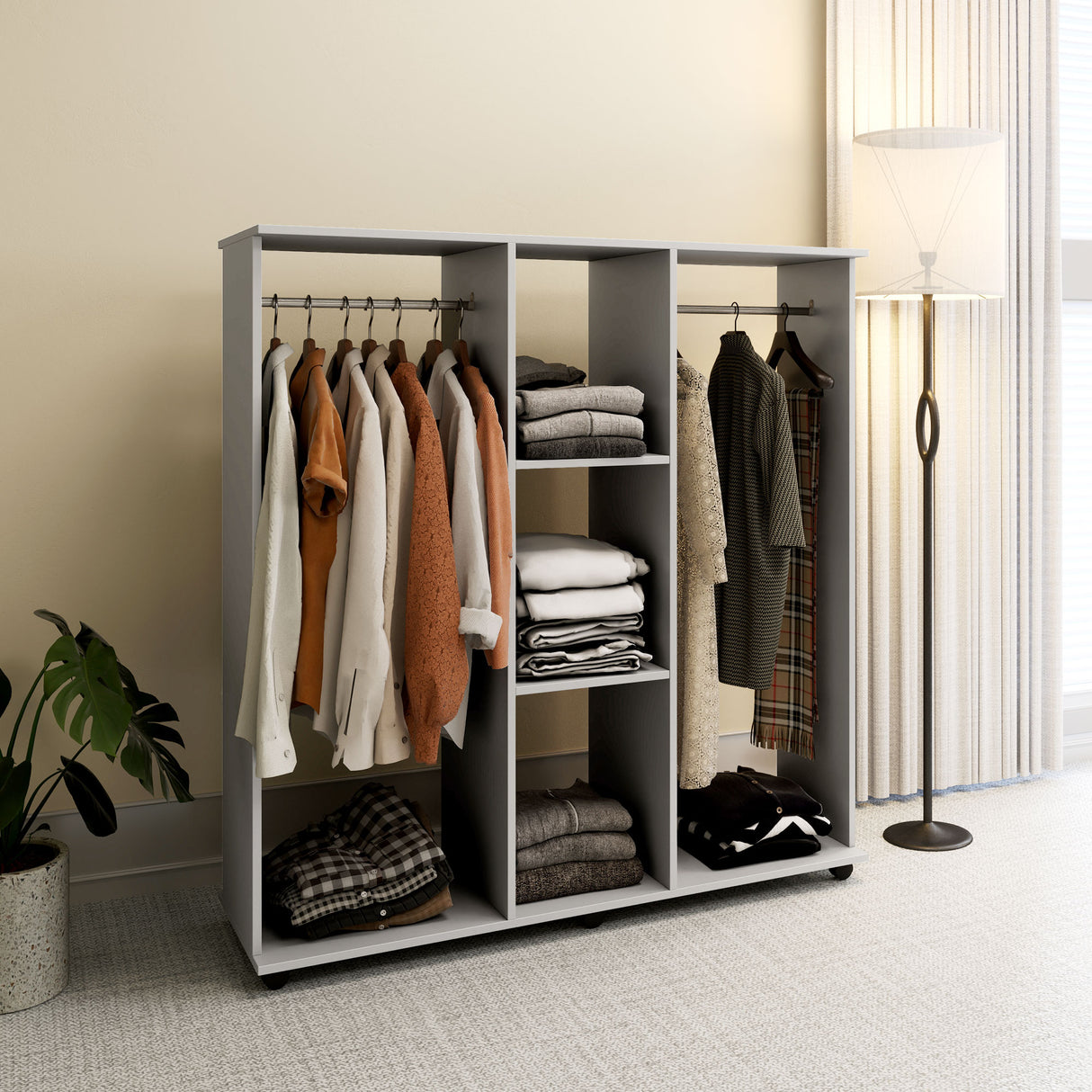 Wooden Open Wardrobe 120cm Wide With 6 Wheels - Velmora