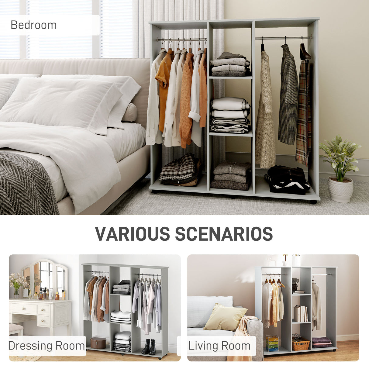 Wooden Open Wardrobe 120cm Wide With 6 Wheels - Velmora